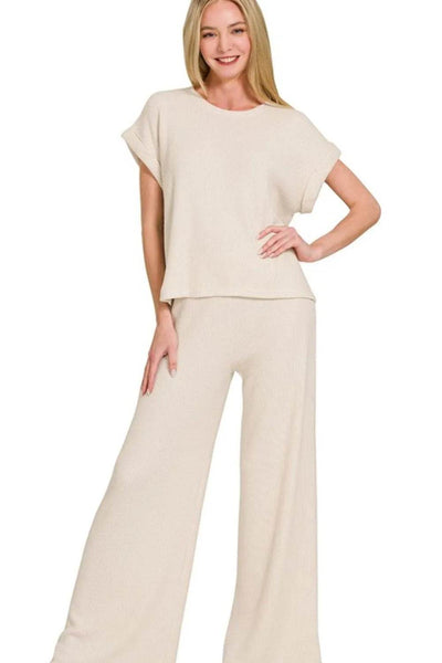 Zenana Rolled Sleeve Top and Pants Sweater Set - Ebony's Shopping