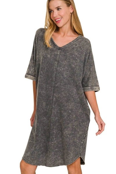 Zenana Acid-washed French Terry Tee Shirts Dress - Ebony's Shopping