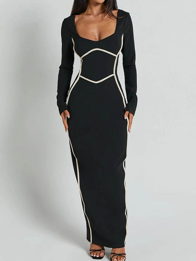 Contrast Trim Long Sleeve Bodycon Maxi Dress - Ebony's Shopping