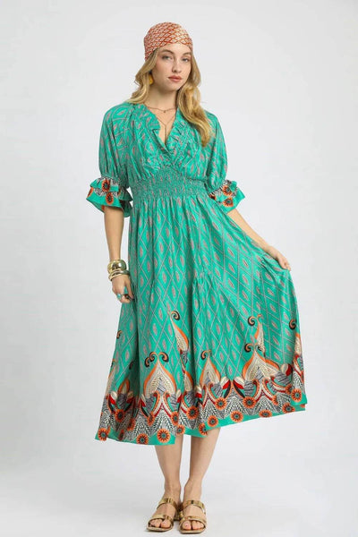 Umgee Printed Smocked Waist Flounce Sleeve Midi Dress - Ebony's Shopping