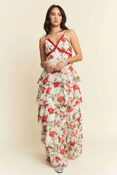 Davi & Dani Contrast Ring Lace Layered Ruffle Maxi Cami Dress - Ebony's Shopping