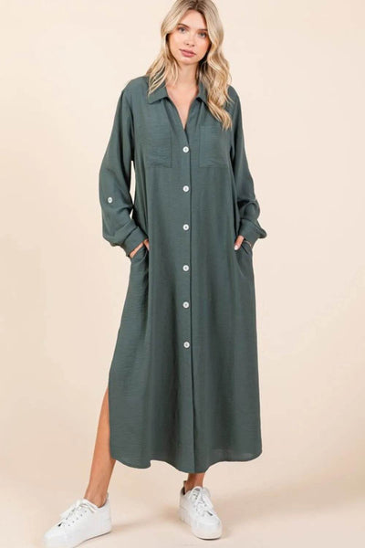 Mittoshop Airflow V-Neck Long Sleeve Button Down Maxi Dress - Ebony's Shopping