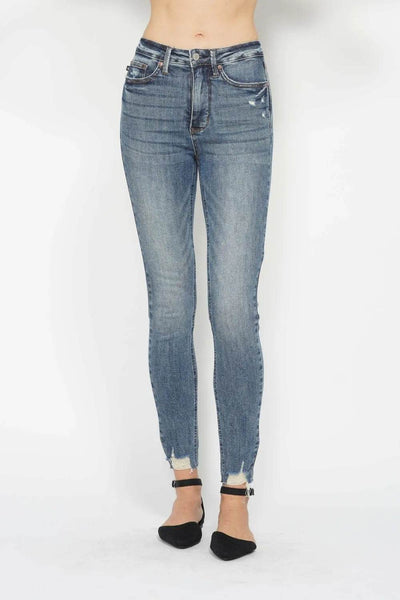 Judy Blue Full Size Tummy Control Vintage Wash Hem Destroy Skinny Jeans - Ebony's Shopping