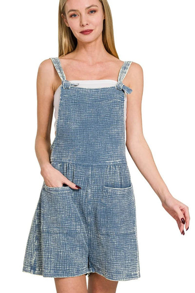 Zenana Woven Double Gauze Acid Washed Romper - Ebony's Shopping