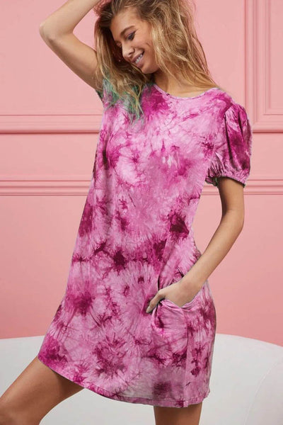 BiBi Puff Sleeve With Side Pockets Tie Dye Dress - Ebony's Shopping