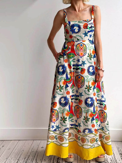 Printed Square Neck Maxi Dress - Ebony's Shopping
