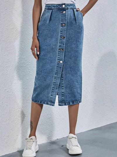 Buttoned Denim Skirt with Pockets - Ebony's Shopping