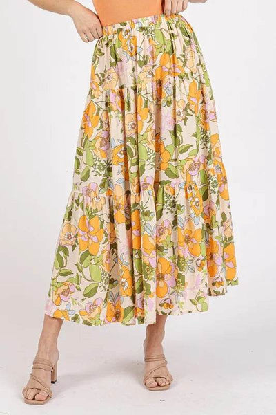 Mittoshop Flower Print Elastic Waist Tiered Skirt - Ebony's Shopping