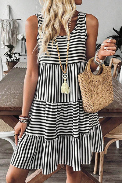 Black Stripe U Neck Sleeveless Loose Fit Mini Dress - Ebony's Shopping