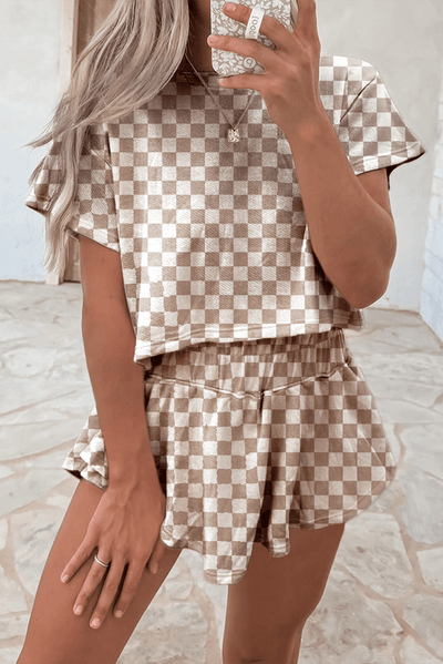 Brown Checkerboard T Shirt and High Waist Skorts 2 Piece Outfit - Ebony's Shopping