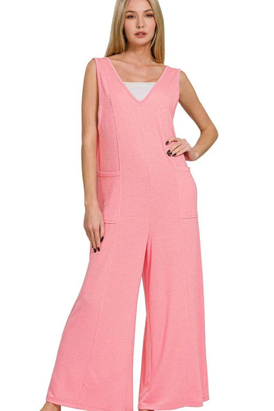 Zenana French Terry Deep V Neck Jumpsuits - Ebony's Shopping