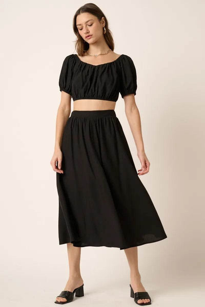 Mittoshop Cropped Puff Sleeve Blouse and Midi Skirt Set - Ebony's Shopping