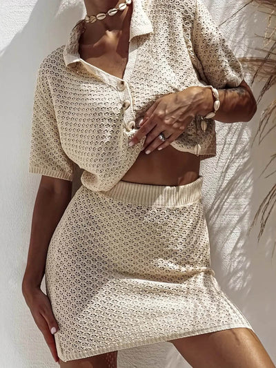 Openwork Button Up Top and Skirt Sweater Set - Ebony's Shopping