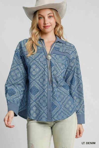 Umgee Paisley Print Denim Shirt Jacket - Ebony's Shopping