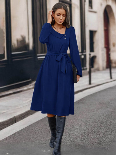 Buttoned Tie Front Long Sleeve Asymmetrical Neck Dress - Ebony's Shopping
