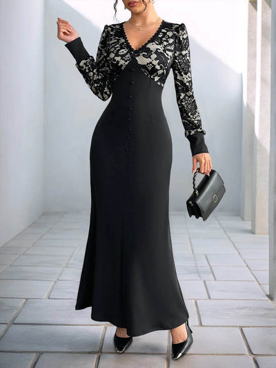 Lace V-Neck Long Sleeve Maxi Dress - Ebony's Shopping
