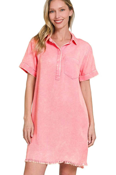 Zenana Tencel Mineral Washed Collared Shirts Dress - Ebony's Shopping