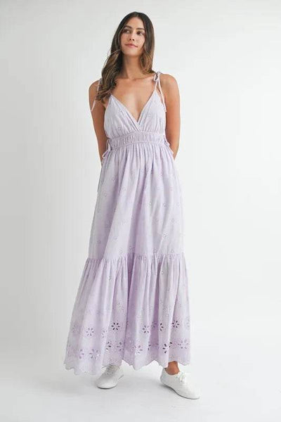 MABLE Eyelet Lace Maxi Dress With Side Strap Details - Ebony's Shopping