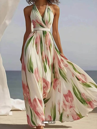 Floral Print Halter Neck Maxi Dress - Ebony's Shopping