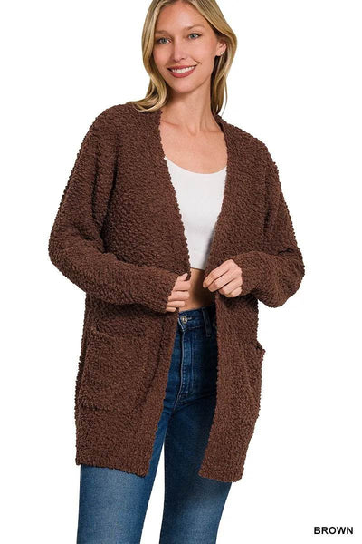 Zenana Long Sleeve Popcorn Sweater Cardigan with Pockets - Ebony's Shopping