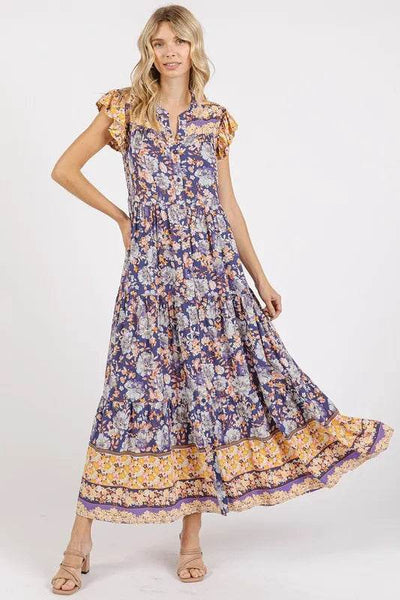 Mittoshop Floral Ruffled Notched Cap Sleeve Maxi Dress - Ebony's Shopping