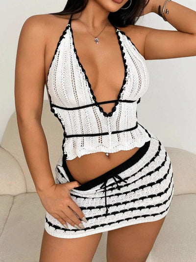Openwork Halter Neck Cami and Skirt Sweater Set - Ebony's Shopping