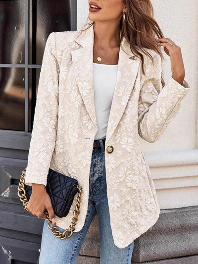 Floral Jacquard One Button Long Sleeve Blazer - Ebony's Shopping