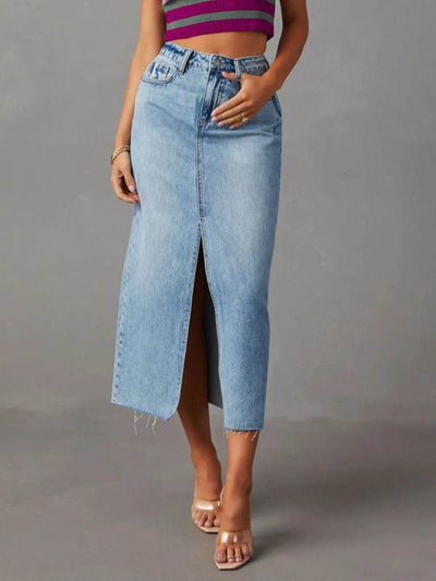 Raw Hem Front Slit Denim Midi Skirt - Ebony's Shopping