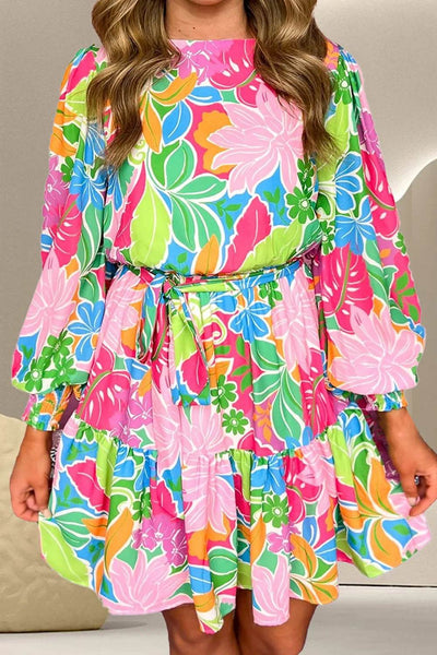 Printed Tie Waist Lantern Sleeve Mini Dress - Ebony's Shopping