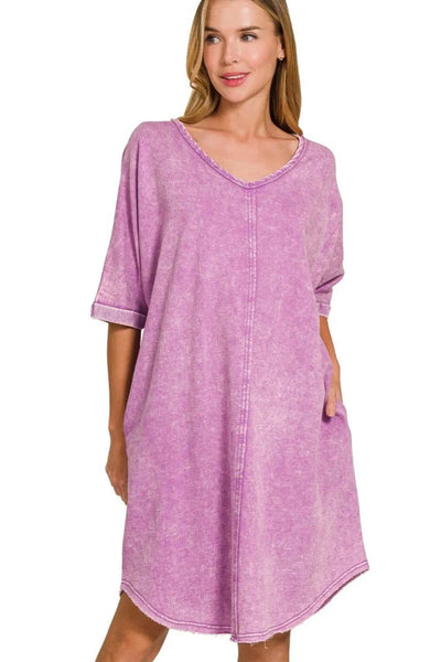 Zenana Acid-washed French Terry Tee Shirts Dress - Ebony's Shopping