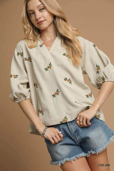 Umgee Corduroy Floral Embroidered Puff Sleeve Blouse - Ebony's Shopping