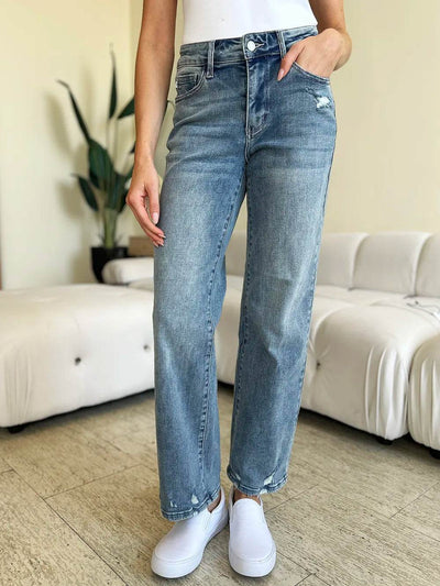 Judy Blue Full Size Mid Rise Distressed Straight Jeans - Ebony's Shopping
