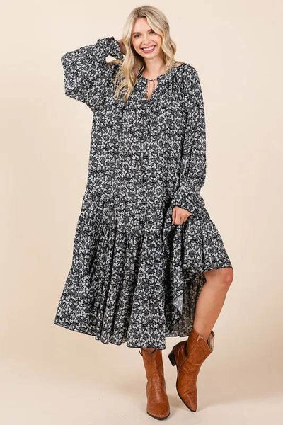 Mittoshop Printed Tie Neck Flounce Sleeve Midi Dress - Ebony's Shopping