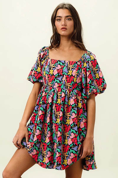 BiBi Floral Print Puff Square Neck Dress - Ebony's Shopping