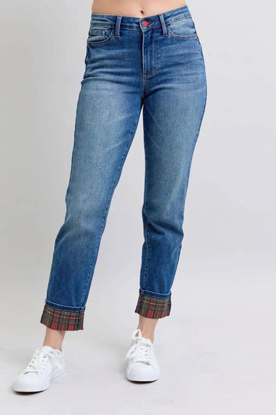 Judy Blue Full Size Plaid Print Cuff Straight Leg Jeans with Pockets - Ebony's Shopping