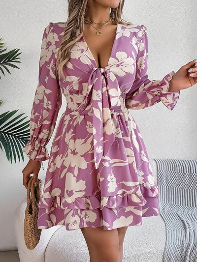 Tied Ruffled Printed Long Sleeve Dress - Ebony's Shopping