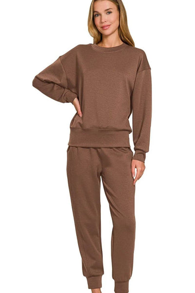 Zenana Scuba Crewneck Pullover & Joggers 2 Pieces Set - Ebony's Shopping