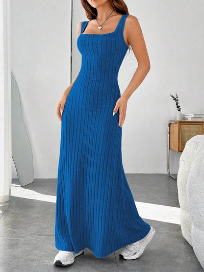 Ribbed Knit Square Neck Sleeveless Maxi Dress - Ebony's Shopping