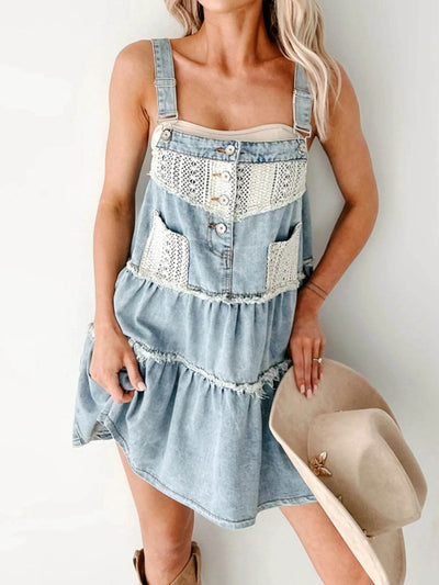 Lace-Trimmed Tiered Denim Mini Dress - Ebony's Shopping