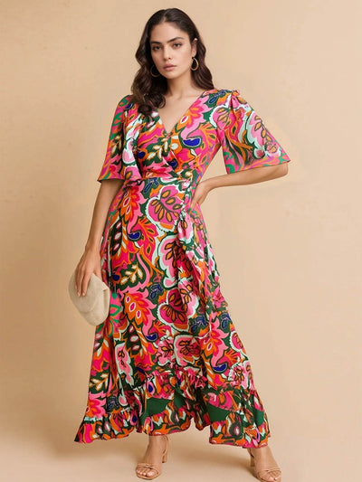 Floral Print Wrap Maxi Dress with Ruffle Details - Ebony's Shopping