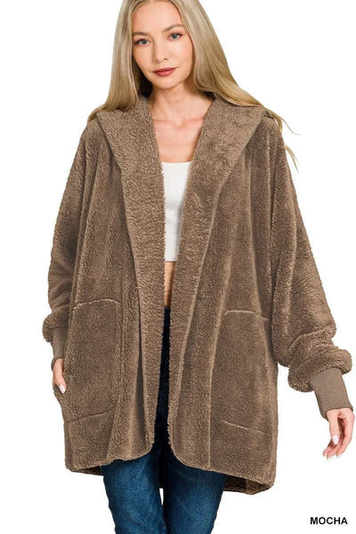Zenana Hooded Faux Fur Jacket with Pockets - Ebony's Shopping