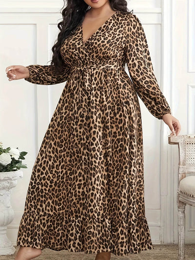 Plus Size Leopard Print Surplice Maxi Dress - Ebony's Shopping