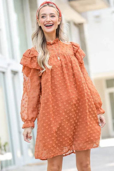 And The Why Lovely Ruffle Shoulder with Textured Woven Dress - Ebony's Shopping