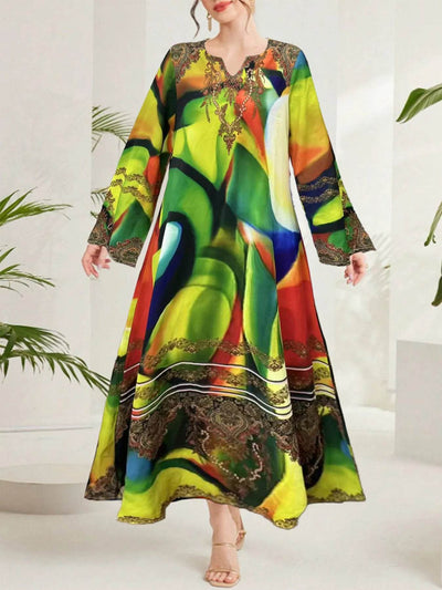 Multi-Color Abstract Print Notched Maxi Dress - Ebony's Shopping