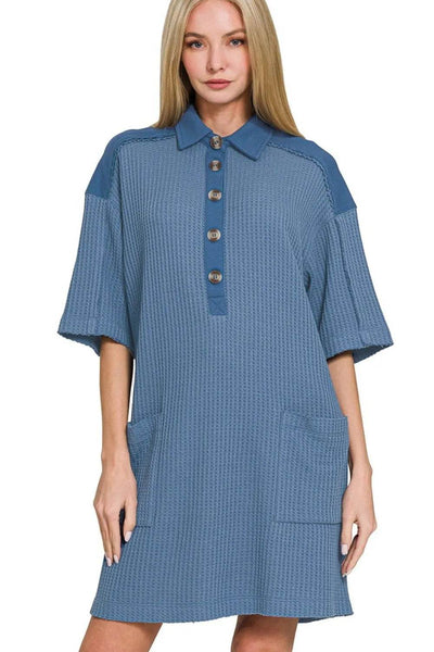 Zenana Waffle Half-Button Dress with Pocket - Ebony's Shopping