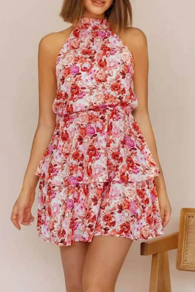 Floral Halter Neck Mini Dress - Ebony's Shopping