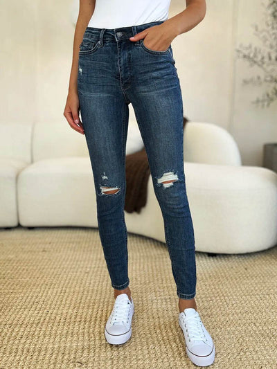 Judy Blue Full Size Mid Waist Distressed Slim Jeans - Ebony's Shopping