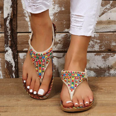 PU Leather Beaded Flat Sandals - Ebony's Shopping