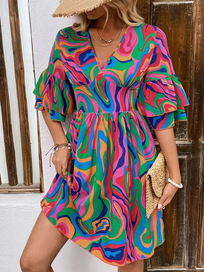 Ruffled Printed V-Neck Half Sleeve Mini Dress - Ebony's Shopping