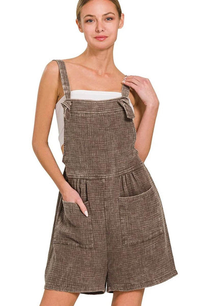 Zenana Woven Double Gauze Acid Washed Romper - Ebony's Shopping